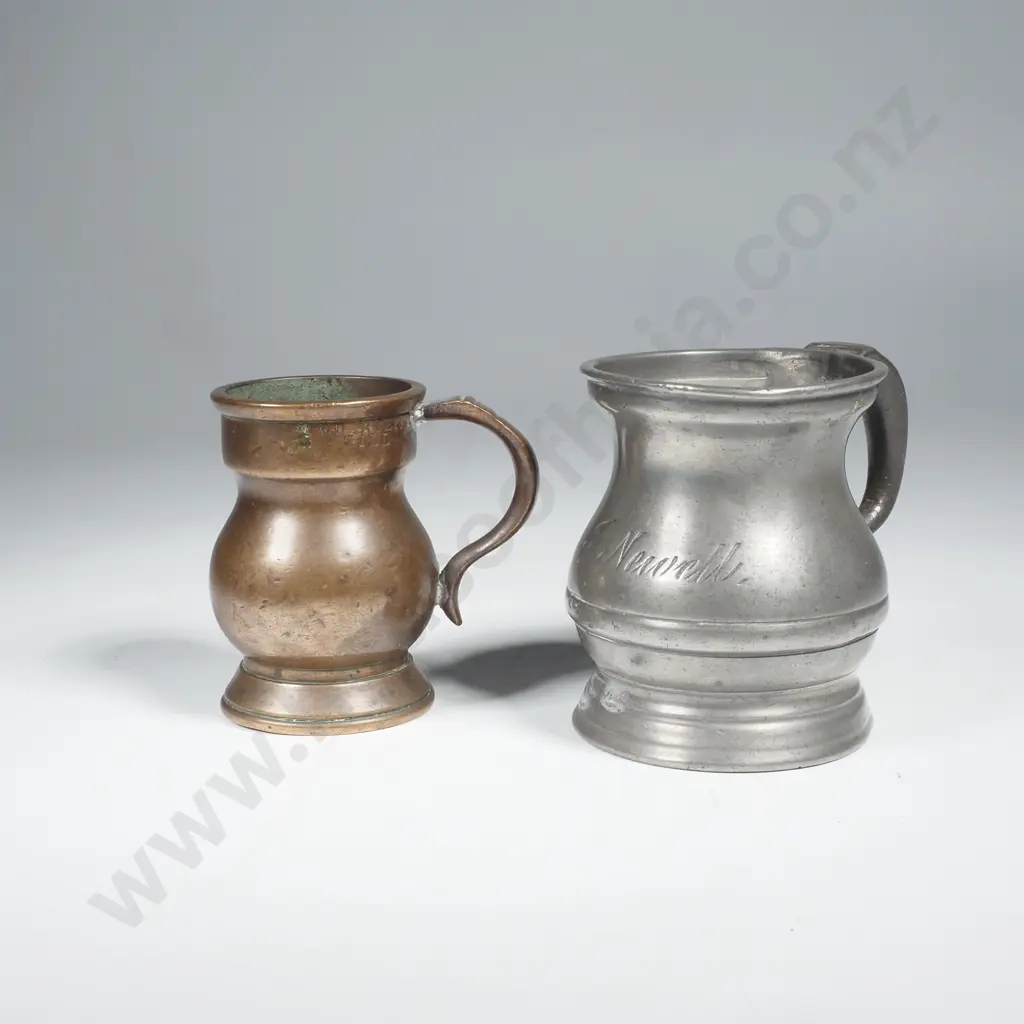 Victorian Pewter 1/2 Gill Measure Inscribed J Newell & Victorian Copper 1/4 Gill Measure, Both Stamped VR Image 1++