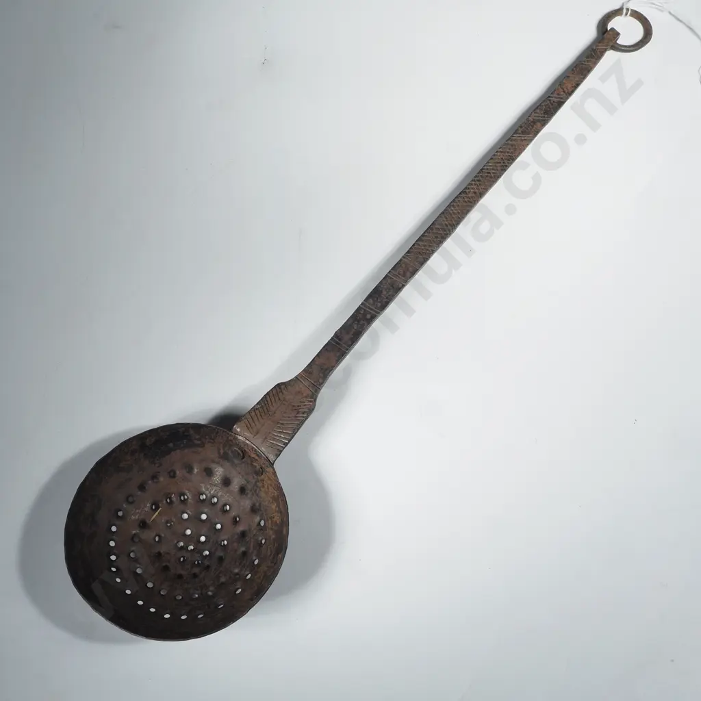 Antique Hand Forged Iron Skimmer Strainer Ladle w Decorative Stamping on Handle Image 1++
