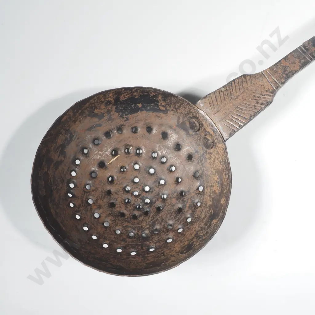 Antique Hand Forged Iron Skimmer Strainer Ladle w Decorative Stamping on Handle Image 1++
