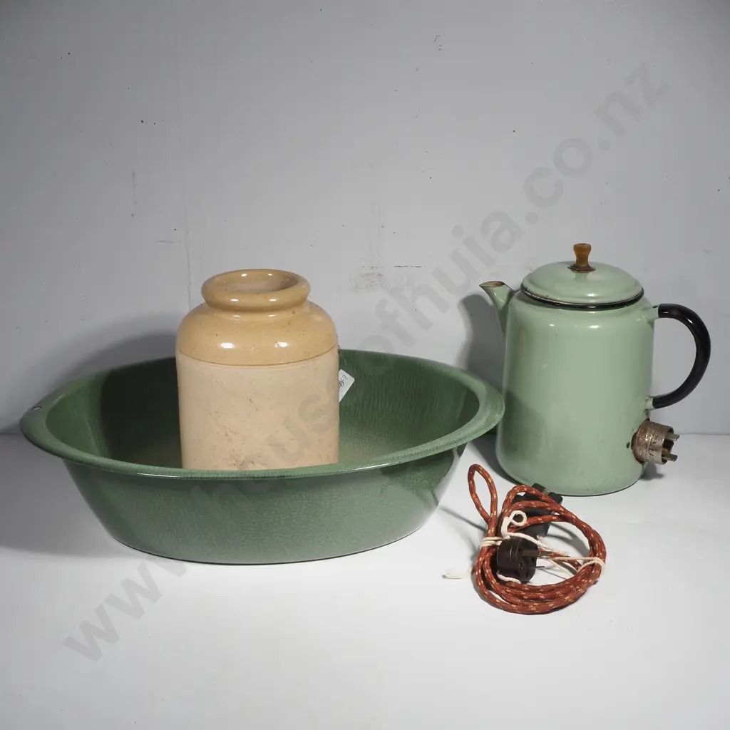 Green Enamel Basin, Kettle w Cord & Two Tone Crock Image 1++