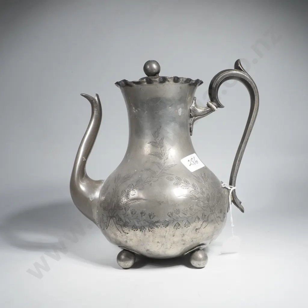 Britannia Metal Coffee Pot w Engraved Fern Decoration to Body Image 1++