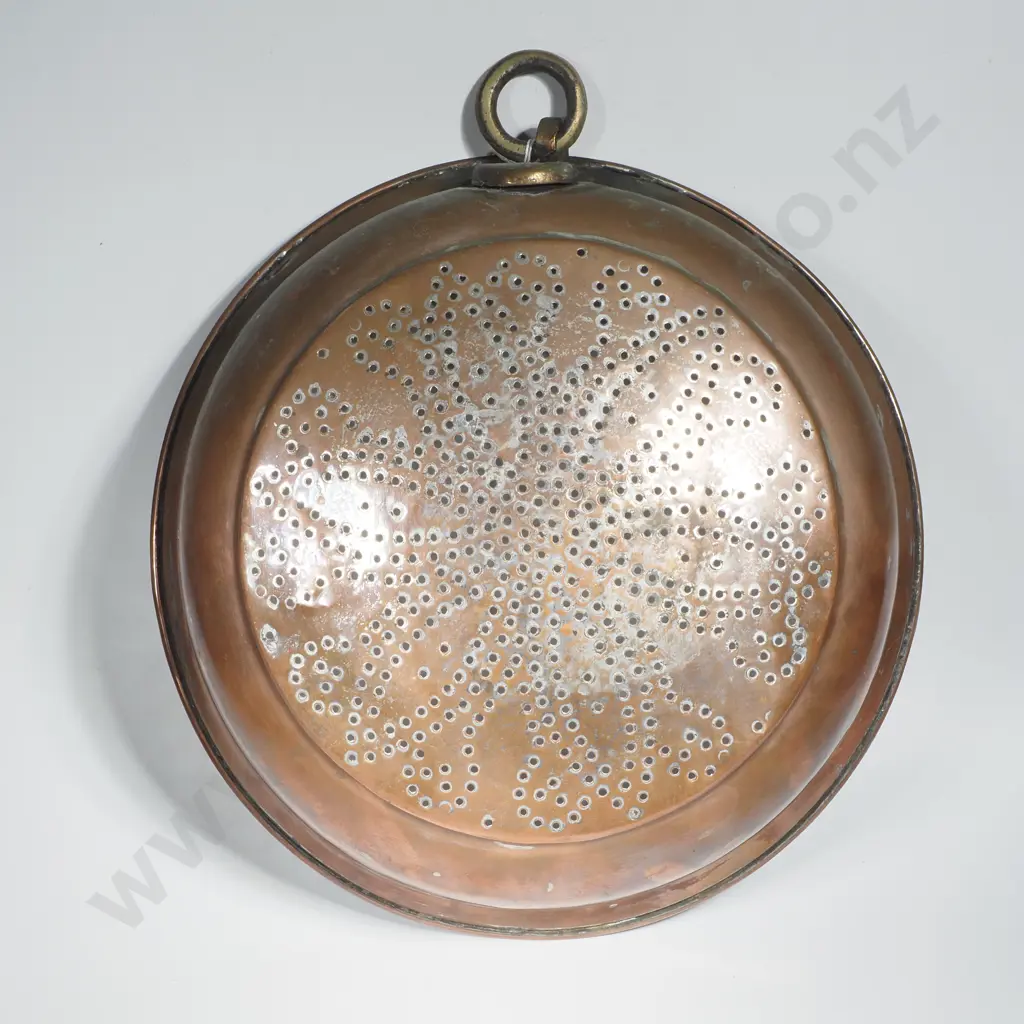 Antique Tin Line Metal Colander w Perforations in the Form of a Flower & Having a Brass Carrying Ring Image 1++