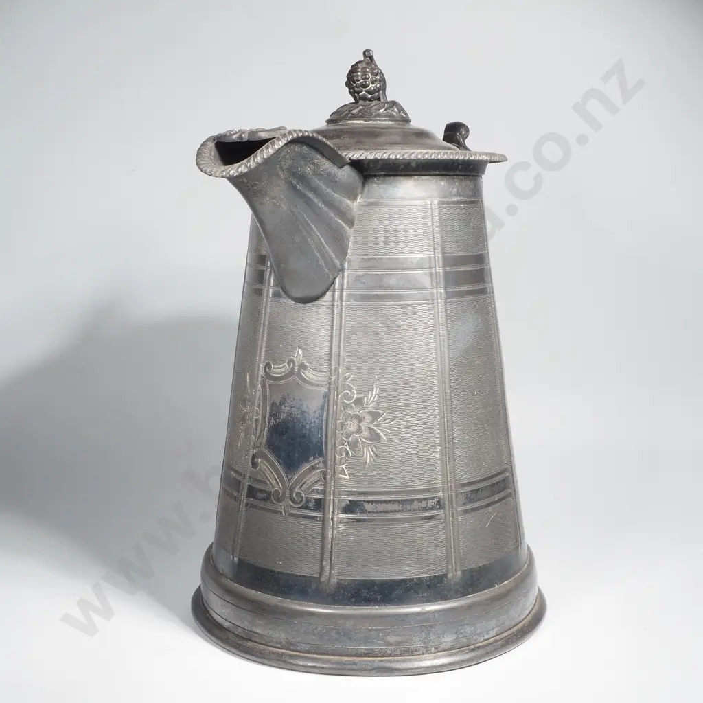 Large Silver Plate/Pewter Pitcher w Grape Finial. Possibly for Cider Image 1++