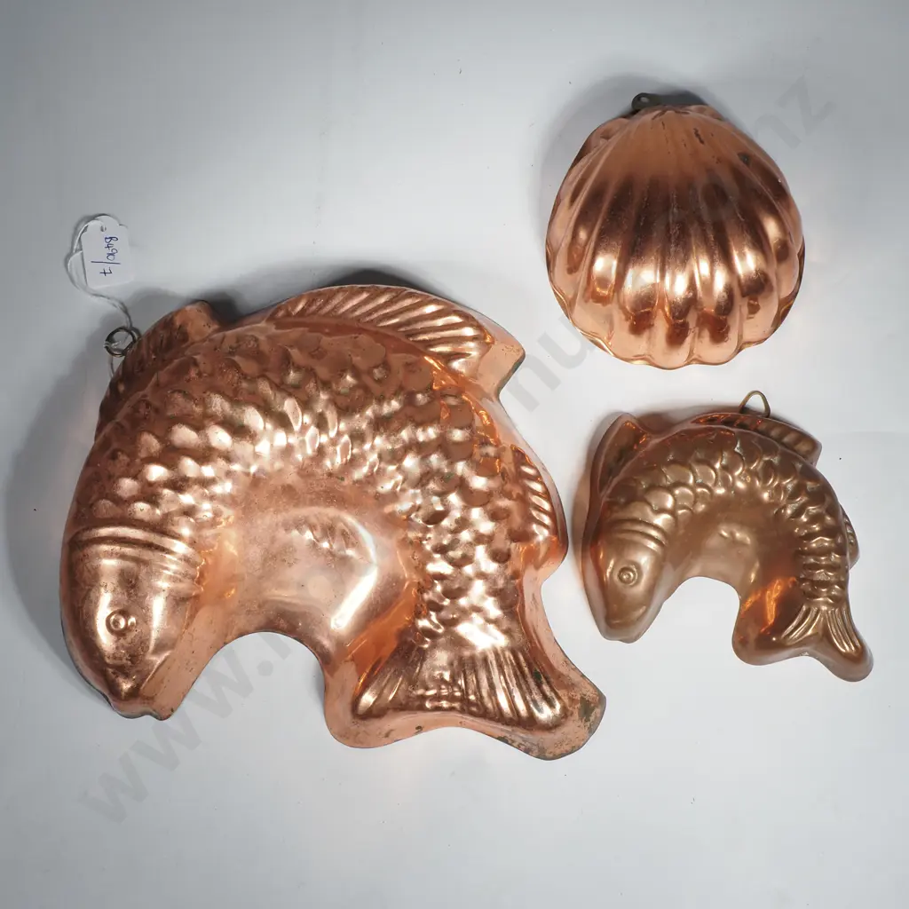 Two Vintage Copper Fish Moulds w Tinned Lining & Another Copper Mould in the form of a Shell Image 1++