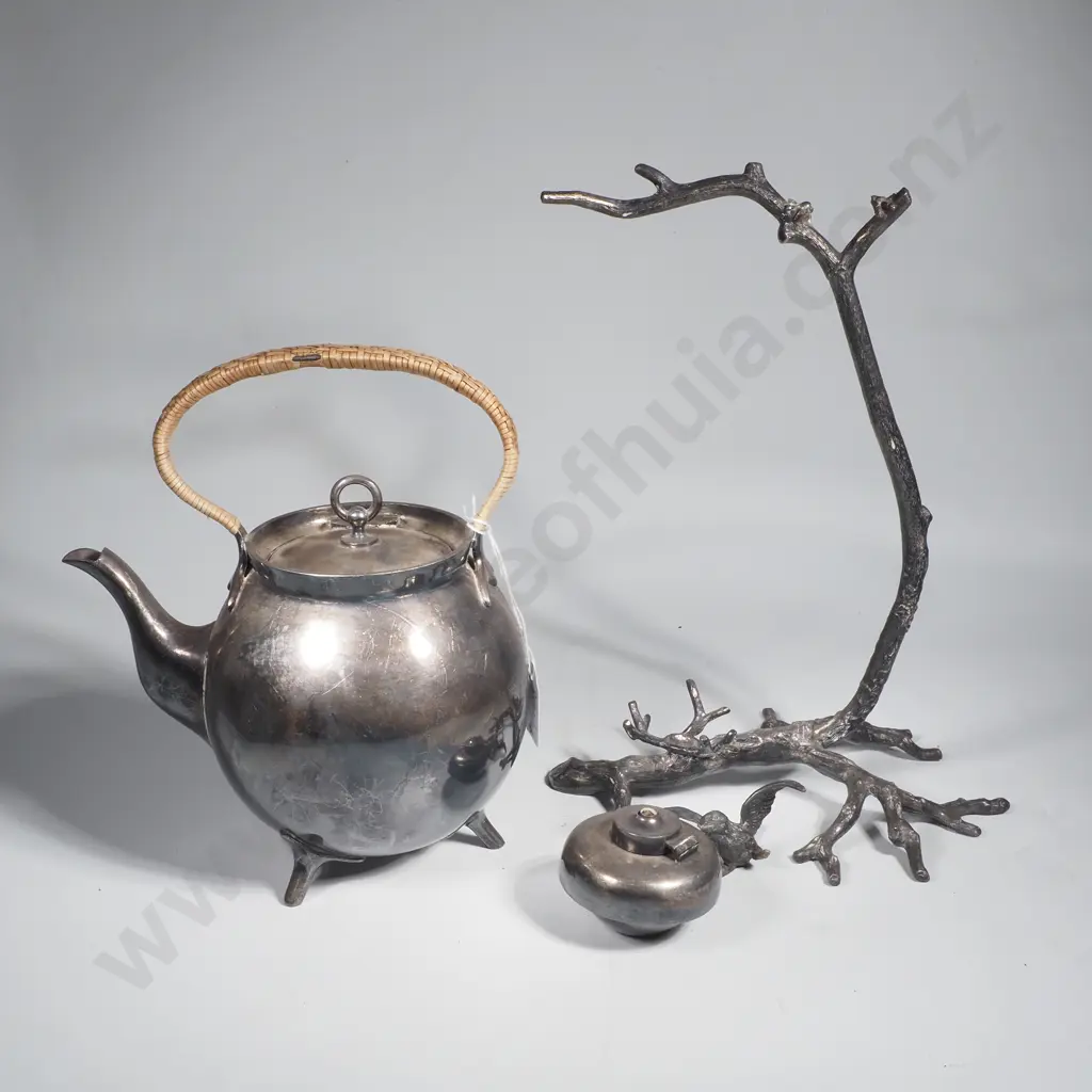Figural Spirit Burner in the Form of a Twig (Bird is Broken Off ) & a Philip Ashberry & Sons Round Silver Plated Teapot Image 1++