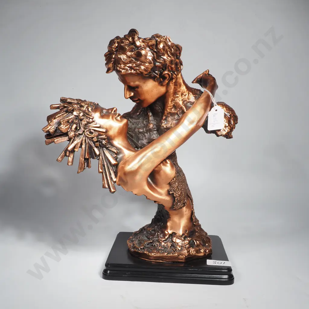 Bronze Finished Resin Lovers Sculpture Mounted on a Rectangular Black Base Image 1++