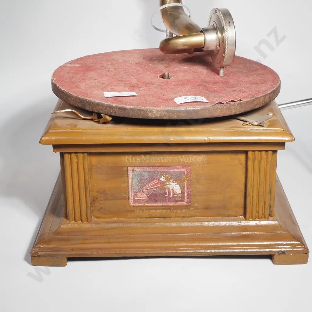 Reproduction of a 'His Master's Voice' Funnel Gramophone w Large Brass Horn, Wooden Base Box & a Decal w the Nipper Dog Image 1++