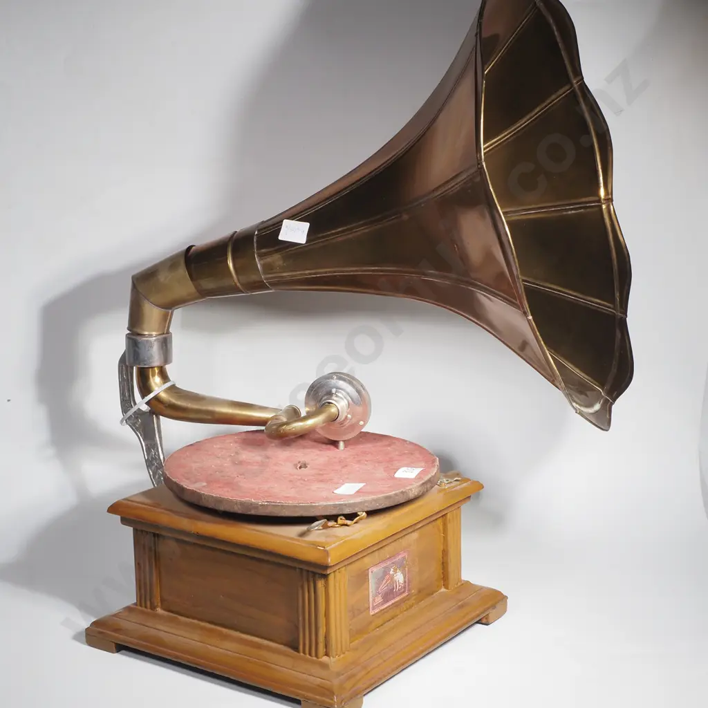 Reproduction of a 'His Master's Voice' Funnel Gramophone w Large Brass Horn, Wooden Base Box & a Decal w the Nipper Dog Image 1++