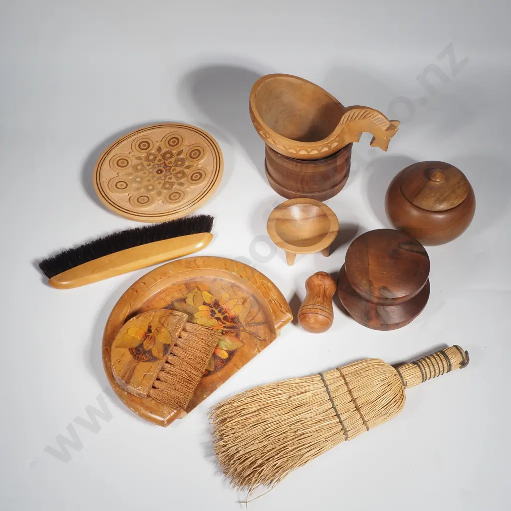 Collection of Vintage Wooden Items including a Poker Work Crumb Tray & Brush & a Handcrafted Wooden Container w Lid Image 1++