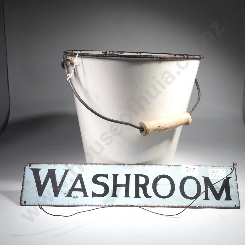 Vintage White Enamel Bucket w Repro Tin Washroom sign Image 1++