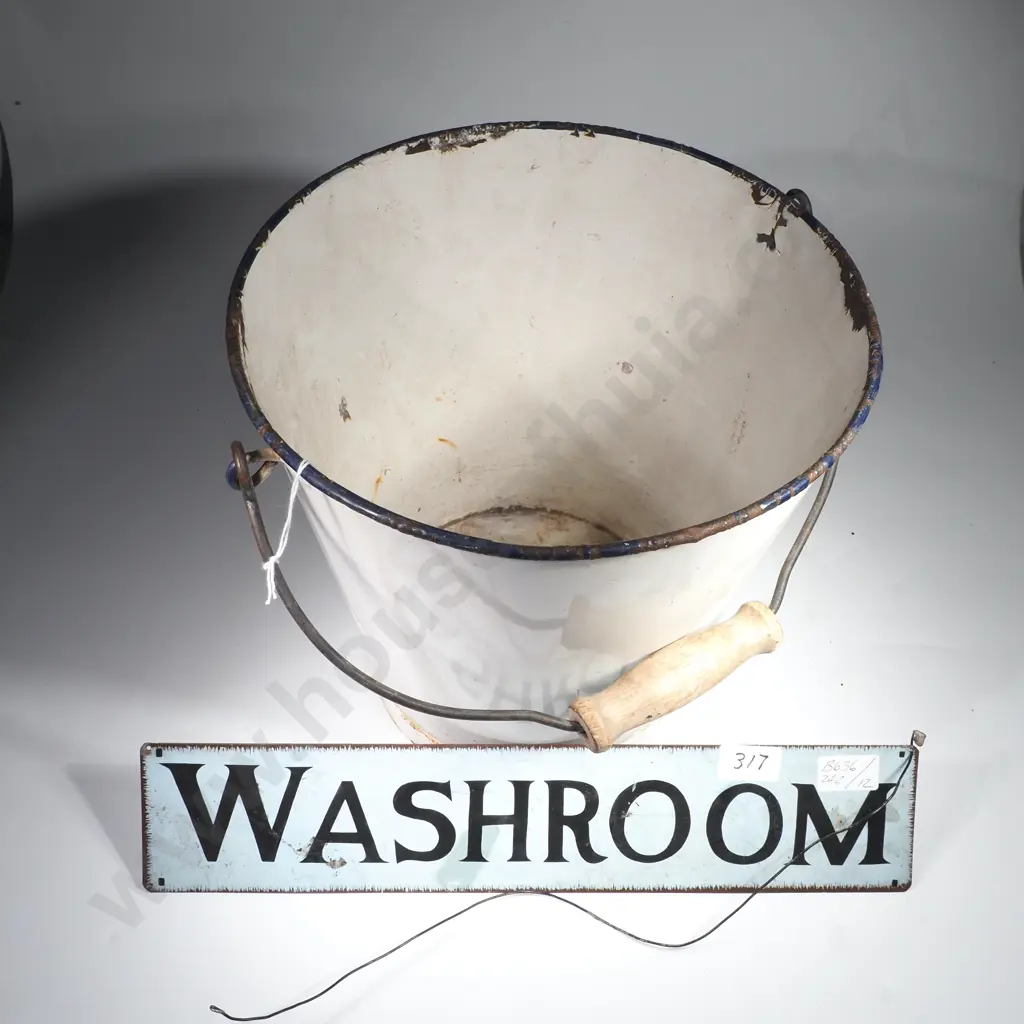 Vintage White Enamel Bucket w Repro Tin Washroom sign Image 1++