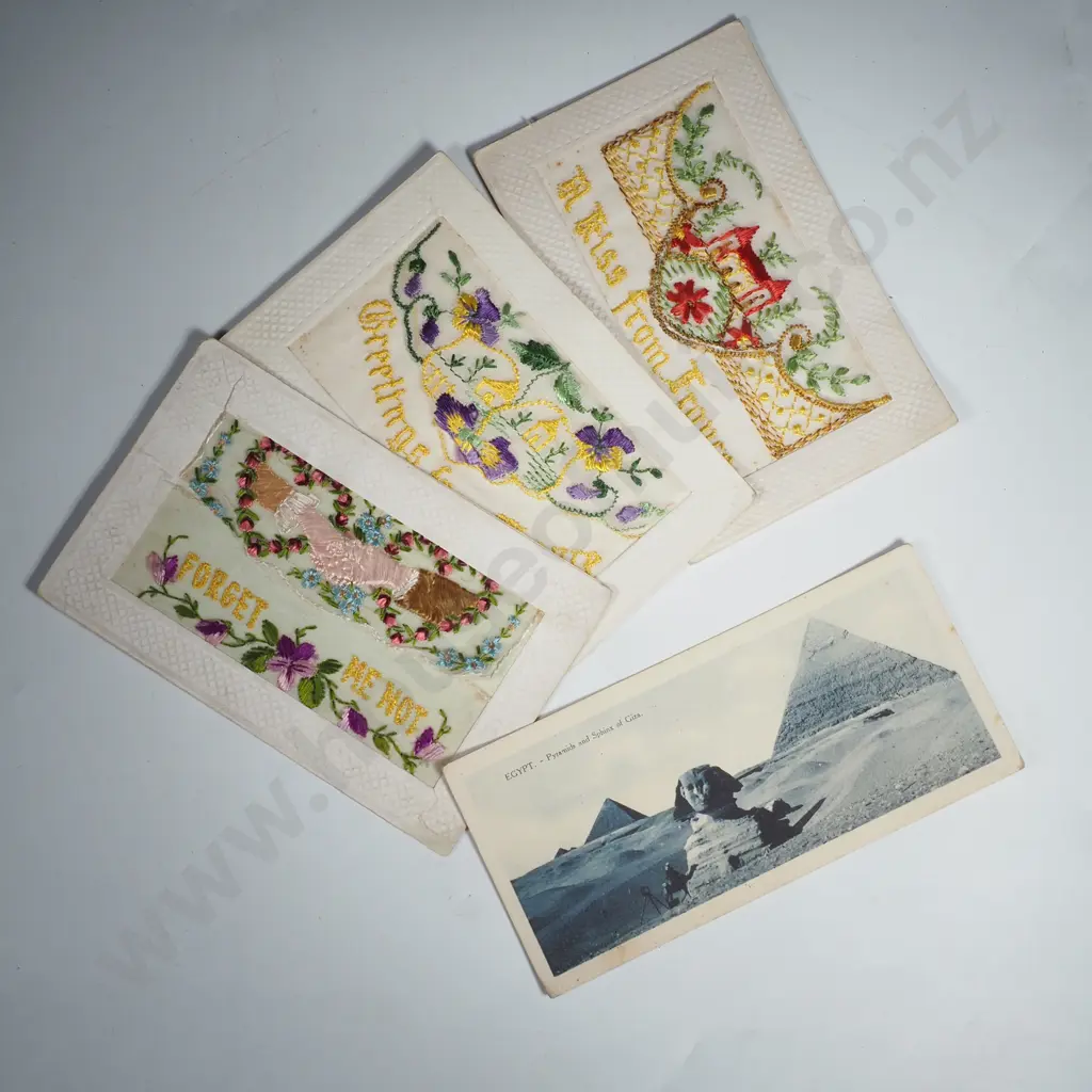 Three Antique Silk Embroidered Postcards & a Black & White Egypt Postcard Image 1++