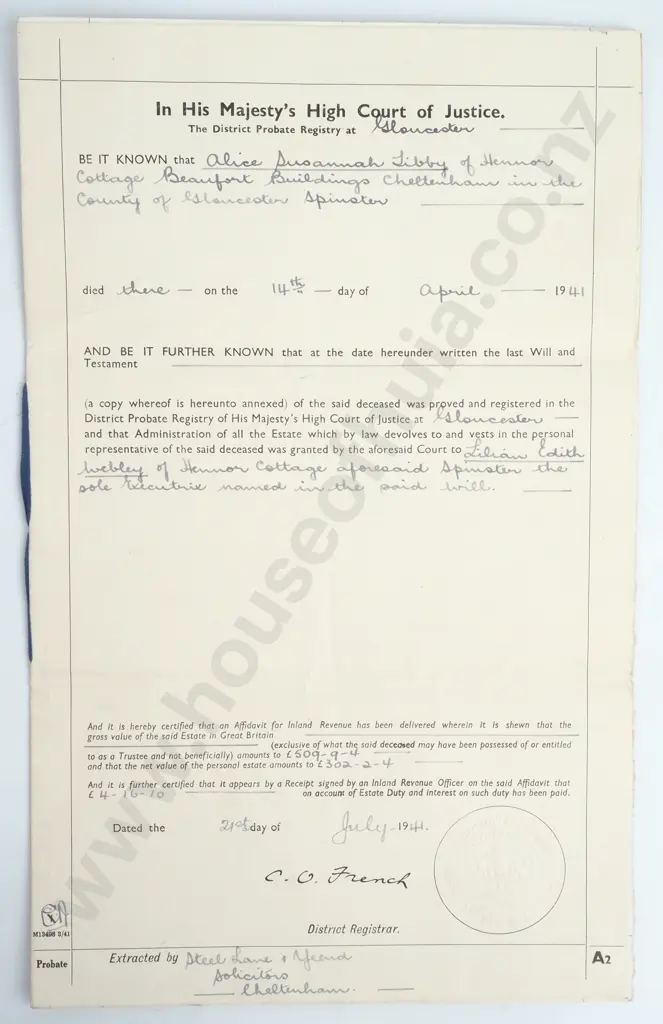 Probate & Will - County of Gloucester - 1941 Image 1++