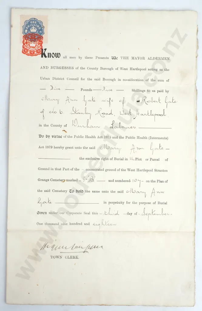 Deed - County Borough of West Hartlepool - 1918 Image 1++