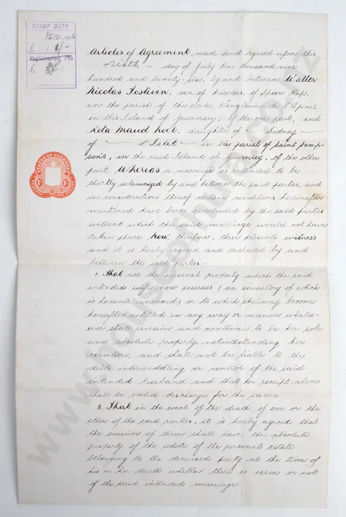 Marriage Agreement - Island of Guernsey - 1926 Image 1++