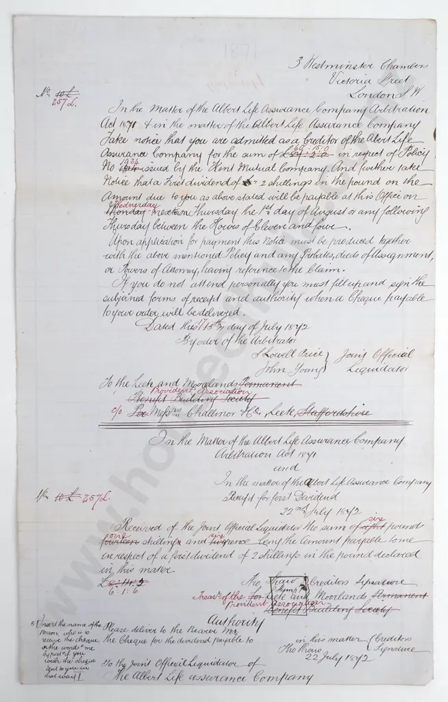 Dividend Notice - London - 1872 Image 1++