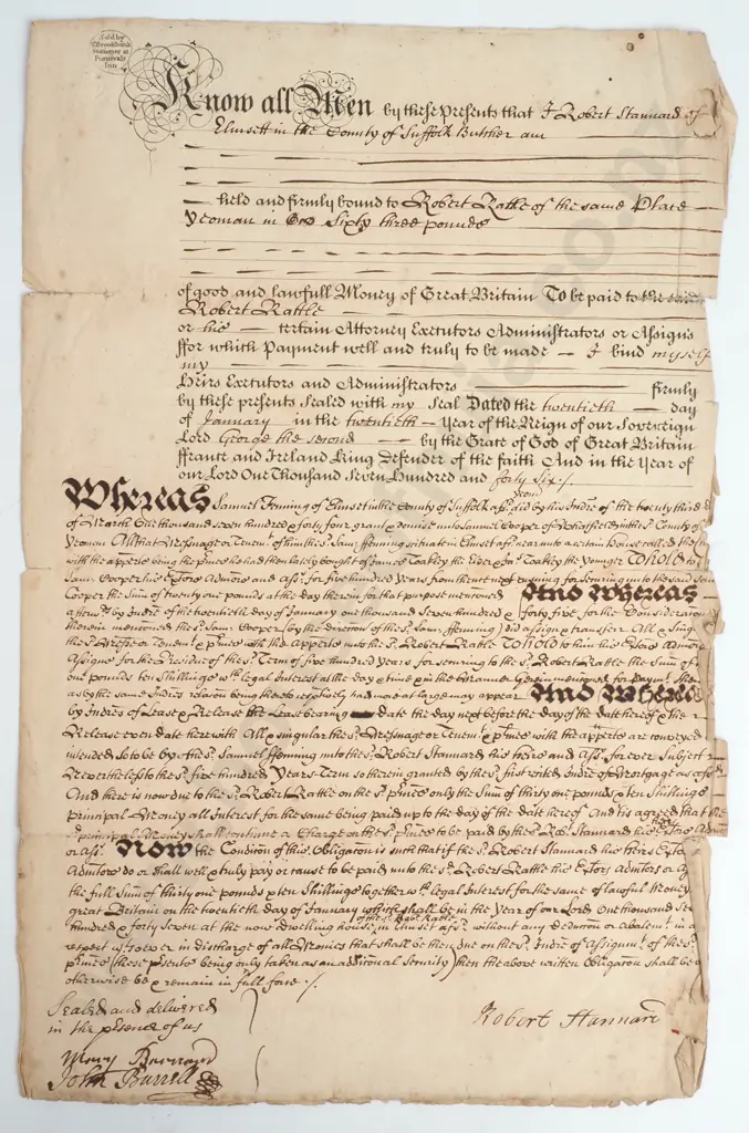 Obligation Bond - Elmsett Suffolk - 1747 Image 1++