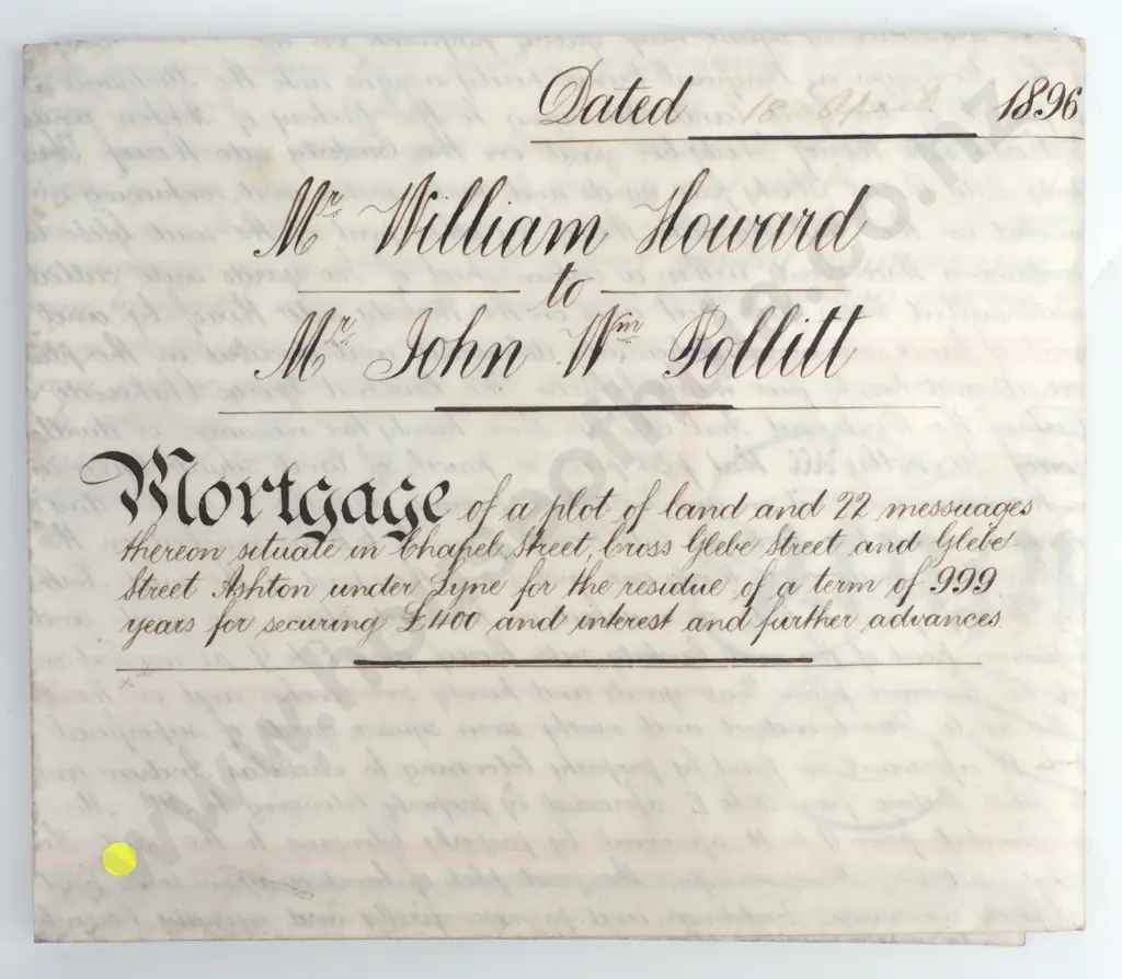 Mortgage - County of Lancaster - 1896 - Vellum - Stamp Duty - Seal Image 1++