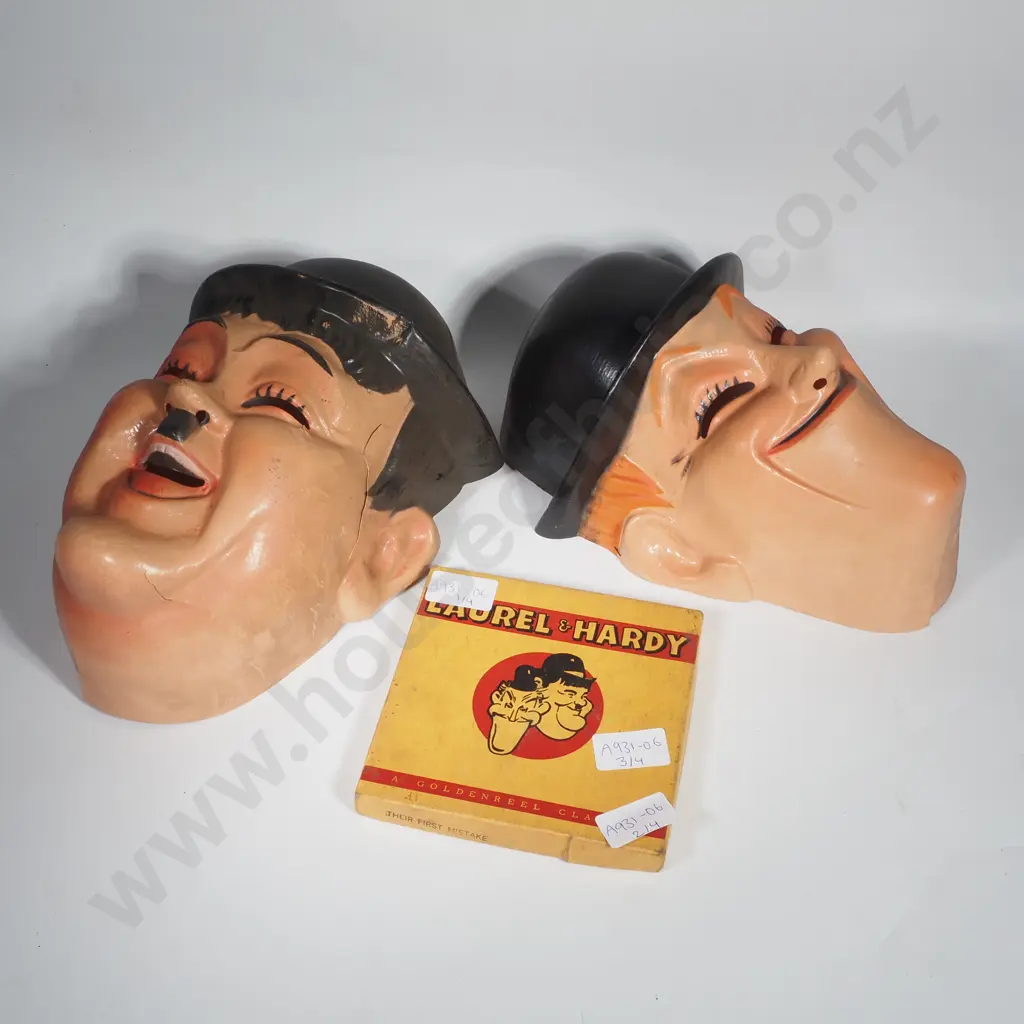 Laurel & Hardy Memorabilia: Two Masks & 'Their First Mistake' Film Reel Image 1++