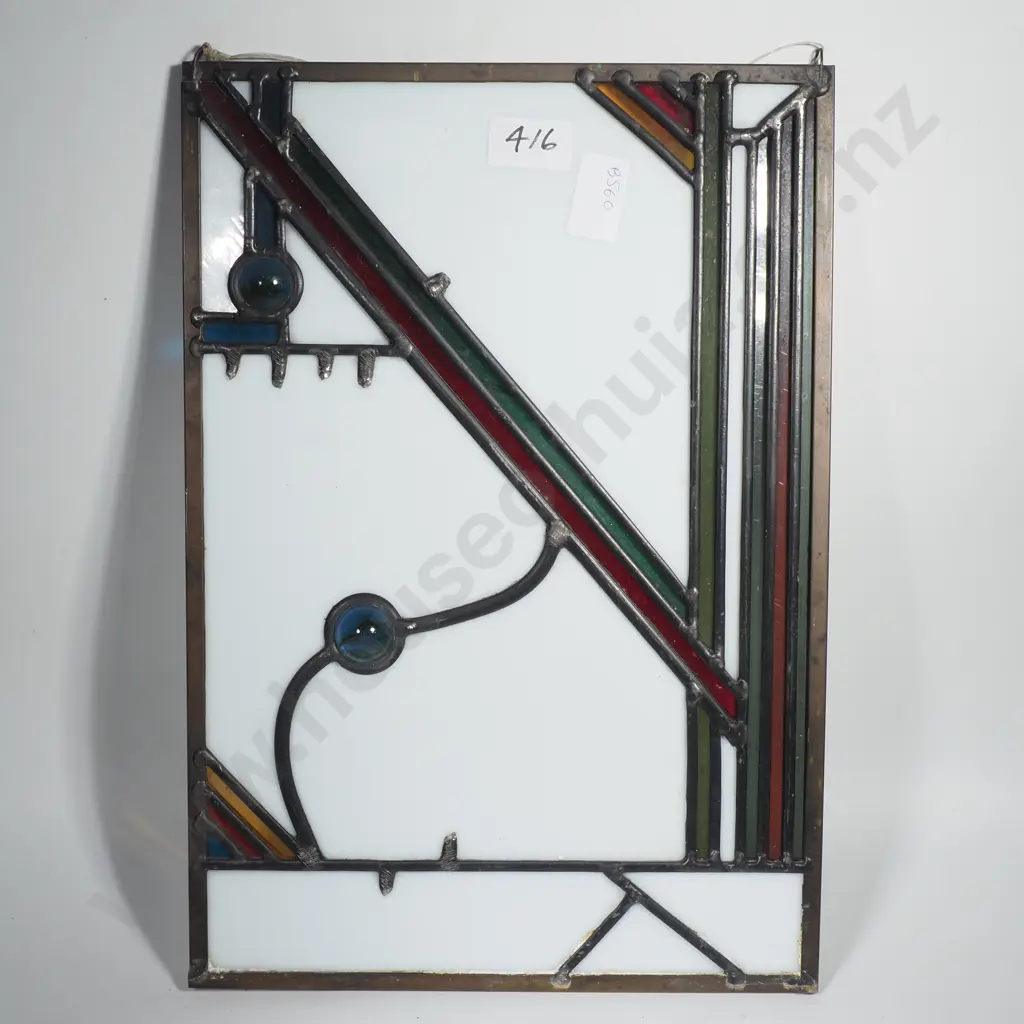Decorative Stained Glass Panel w a Geometric Art Deco Style Design w Coloured Glass Accents, Opaque Glass & Cabouchons Image 1++