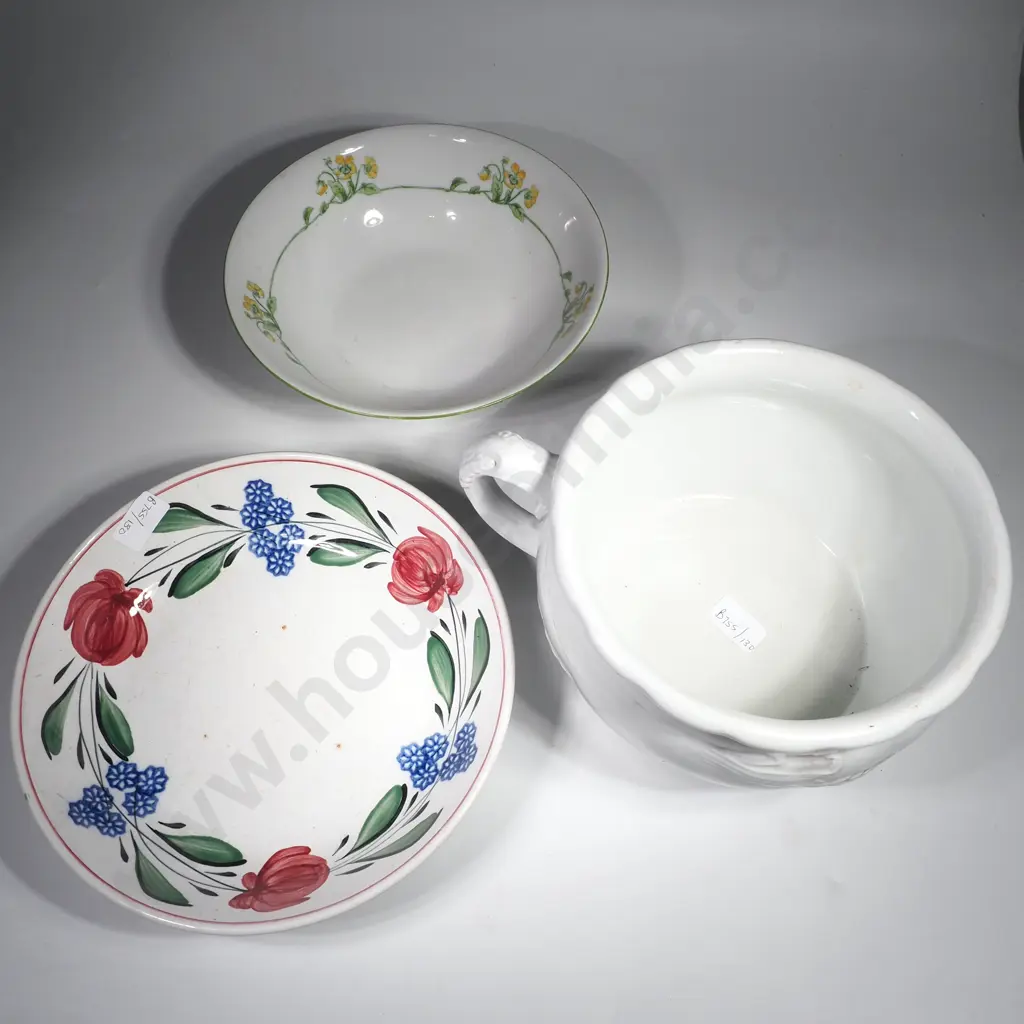 Two Floral Bowls ( Wrights Old English & Victoria Austria) & a White China Camber Pot w Embossed Wheat Sheaf Pattern Image 1++
