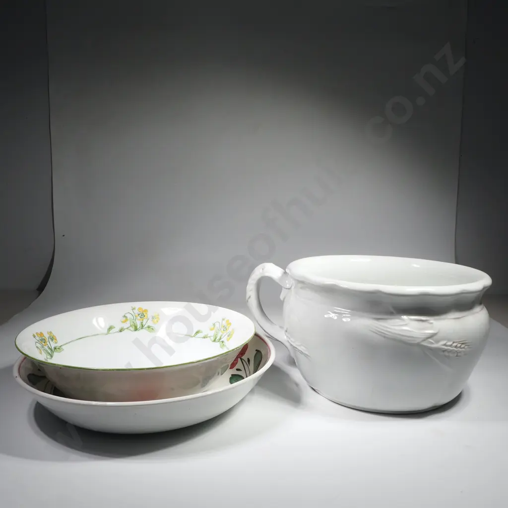 Two Floral Bowls ( Wrights Old English & Victoria Austria) & a White China Camber Pot w Embossed Wheat Sheaf Pattern Image 1++