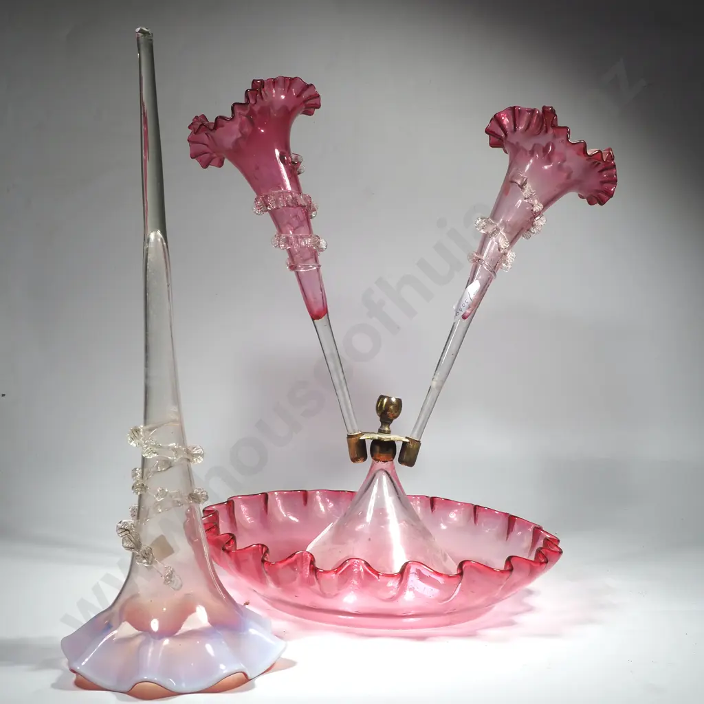 Victorian Cranberry Glass Three Branch Epergne with Clear Glass Twist Detail Image 1++
