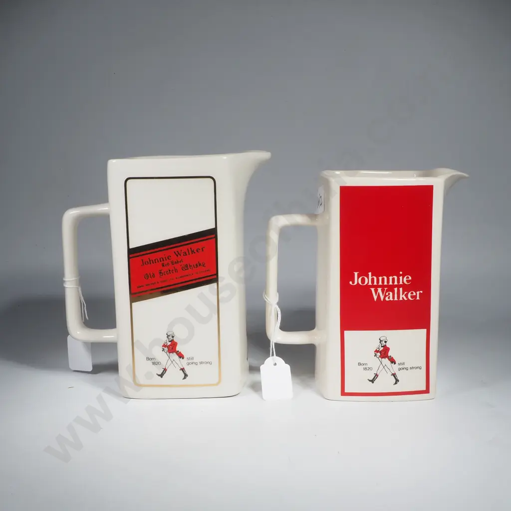 Two Johnny Walker Red Label Water Jugs, One Made by Seton & The Other Wade Featuring the Iconic Striding Man Graphic Image 1++