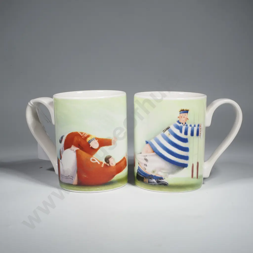 Pair of Portmeirion Coffee Mugs w Rugby Theme by Rob Scotton Image 1++
