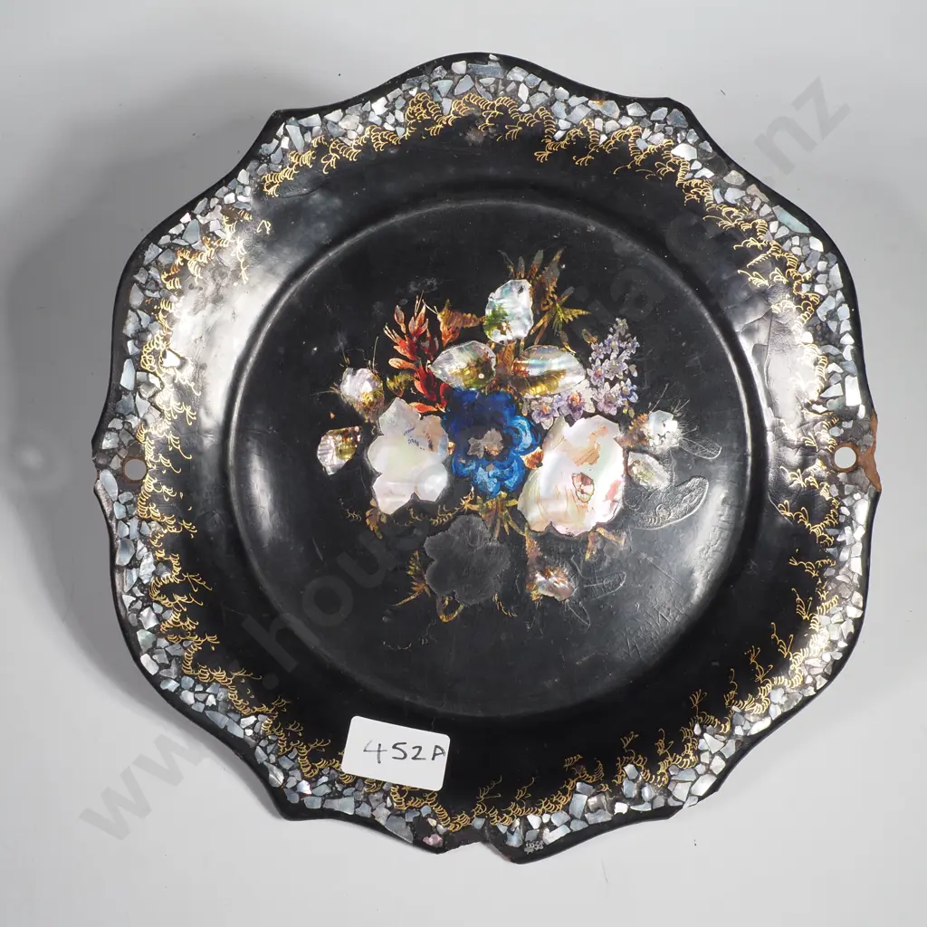 Antique Victorian Papier Mache Tray w Mother of Pearl Inlay & Scalloped Edge Image 1++