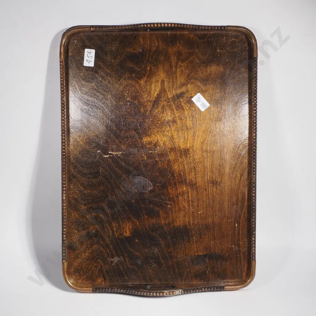 Vintage Oak Veneer Serving Tray w  Beaded Edges & Copper Corners Image 1++