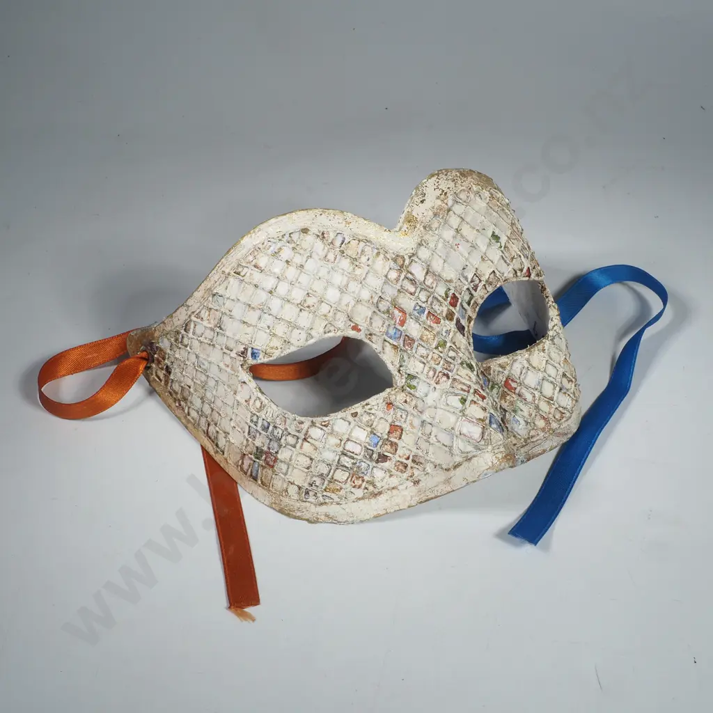 Venetian Style Masquerade Mask w Textured Grid & Gold Accents Image 1++