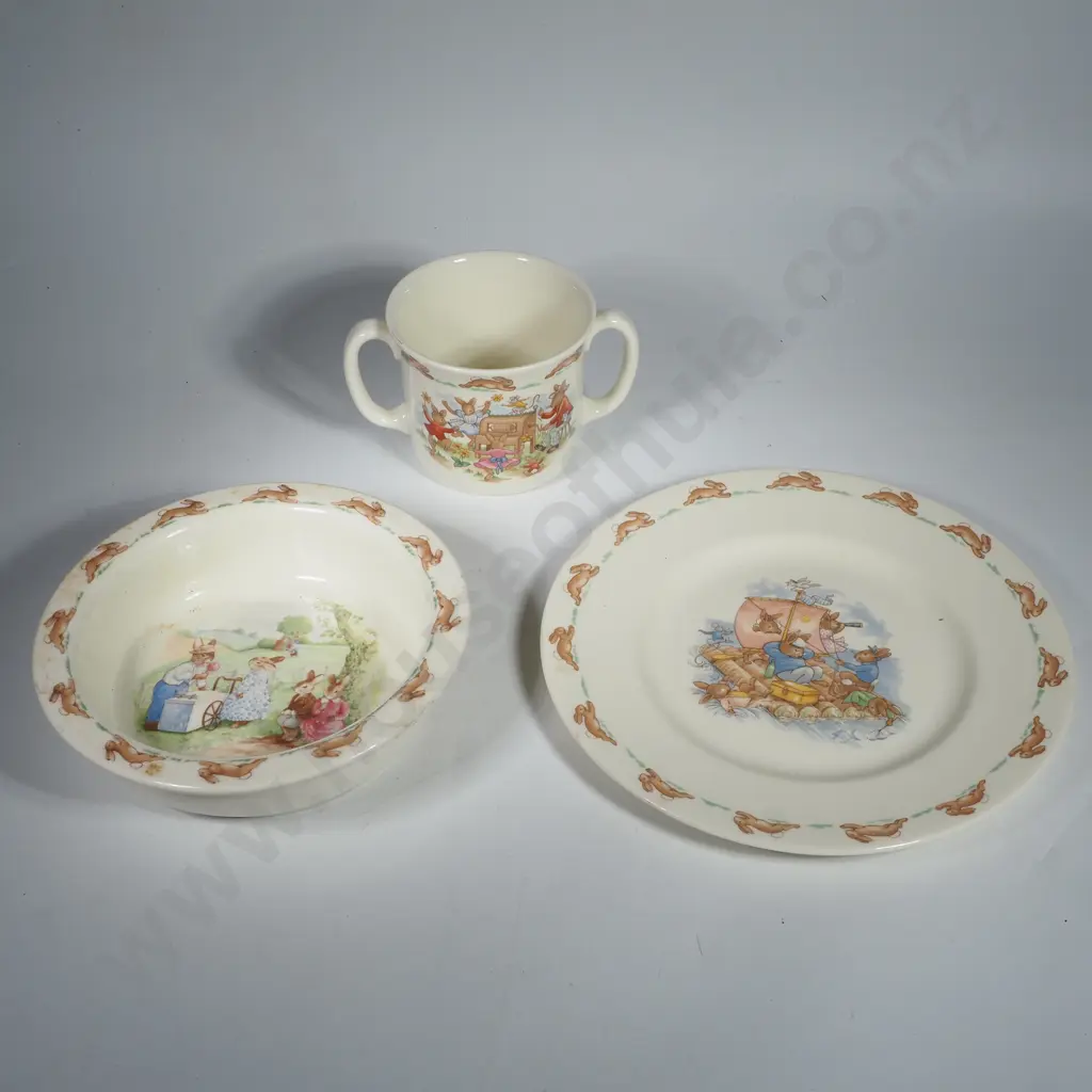 Three Royal Doulton Bunnykins Items - Double Handled Mug, Baby's Bowl & Plate Image 1++
