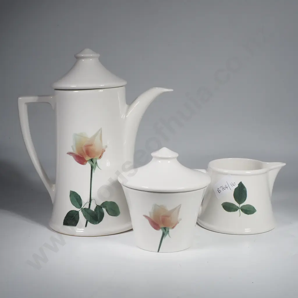 Portmeirion Flo by Ella Doran Coffee Set w Coffee Pot, Sugar Bowl & Creamer w Single Rose Image 1++