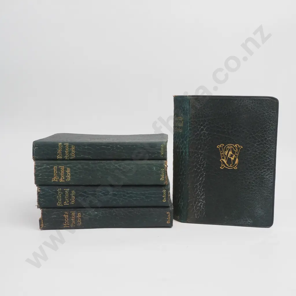 Five Vintage Poetry Books In Green Leather With Gilt Trim ; Hoods, Byrons, Scotts, Miltons & Shelley Image 1++