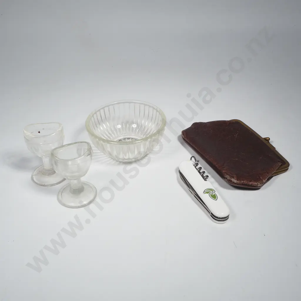 Swiss Army Knife (MIB), Two Vintage Clear Glass Eye Glasses, Vintage Purse & Small Glass Bowl Image 1++