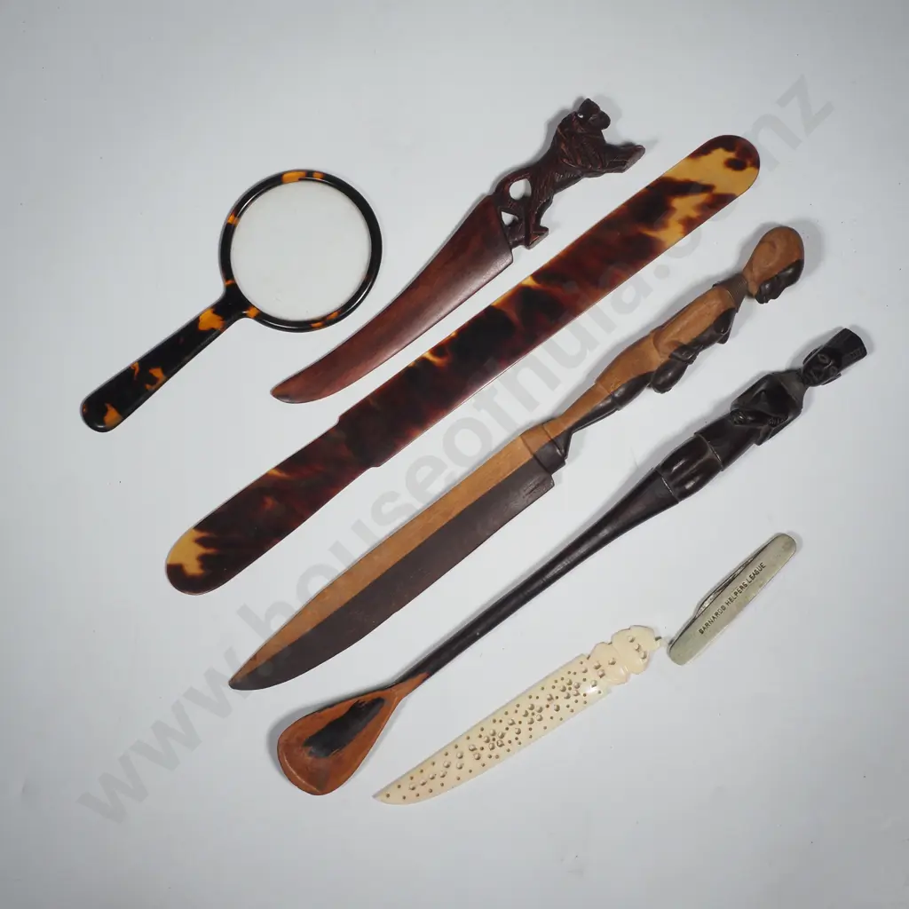 Collection of Letter Openers, Tortoishell Magnifying Glass, African Carved Spoon, & Advertsing Pocket Knife Image 1++