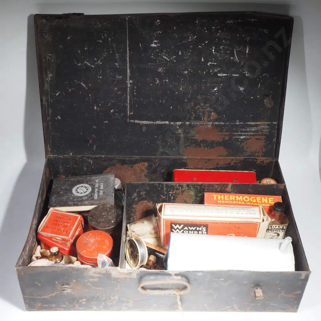 Vintage & Large Tin First Aid Box Filled w Numerous Old Medical Bottles etc Image 1++