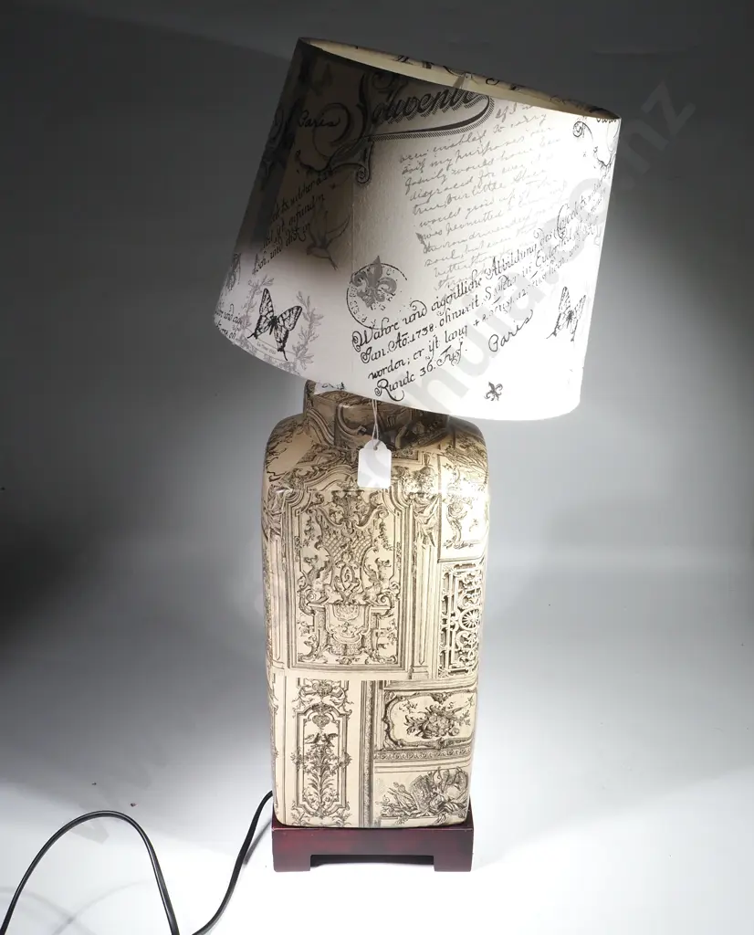 Cream Coloured Table Lamp on a Square Wooden Base & Black Trompe l' Oeil Baroque Architectural Design & Multi - Lop Stem Image 1++