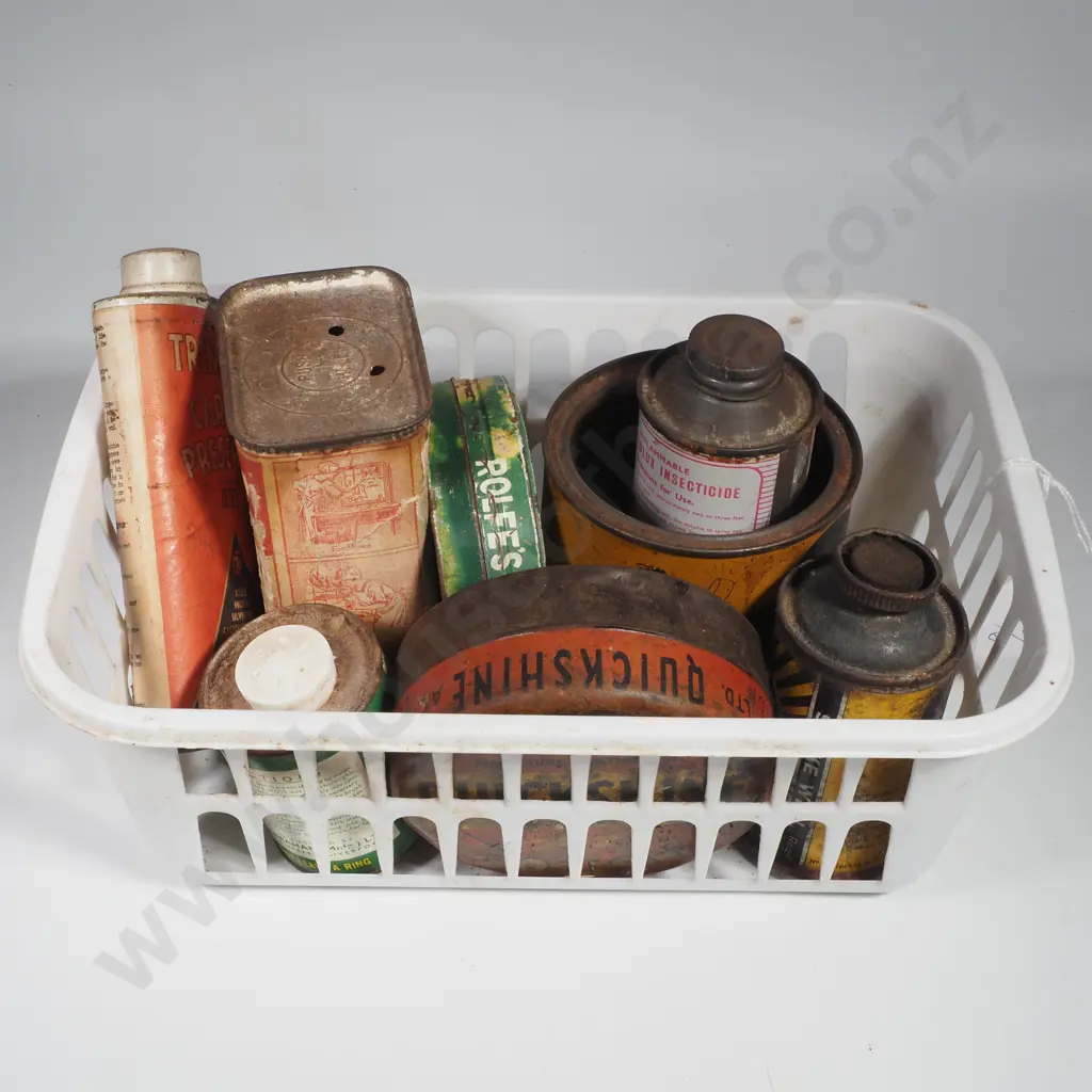8 x Assorted Vintage Household Product Tins in Plastic Basket Image 1++