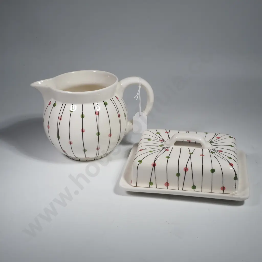 German Schramberger Majolika Fabrik  Mid Century Art Pottery Milk Jug & Butter Dish in the Sonja Pattern Image 1++