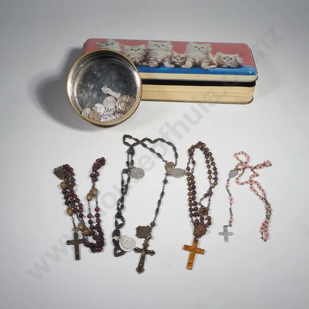 Collection Of Vintage Rosaries, Vintage Celluloid Covered Prayer Book & A Collection Of Religious Medals  Image 1++
