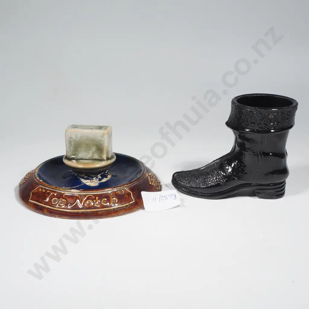Royal Doulton Stoneware Vesta Box Holder 'King George 1V'' Vintage Whisky Advertisement & Black Glass Vesta Boot Image 1++