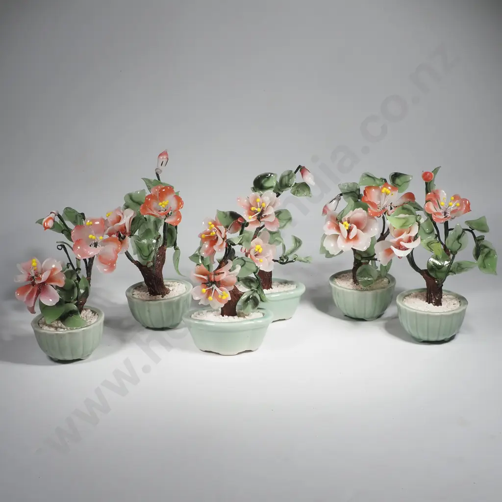 Vintage Chinese Glass Flower Bonsai Tree Ornaments x 6 Image 1++