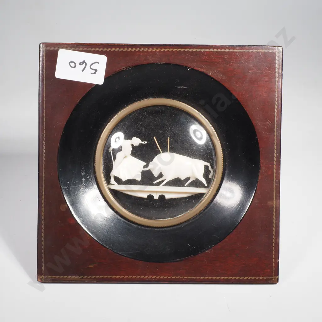 Antique Spanish Carved Ivory Bullfighter & Bull in Convex Glass Frame Image 1++