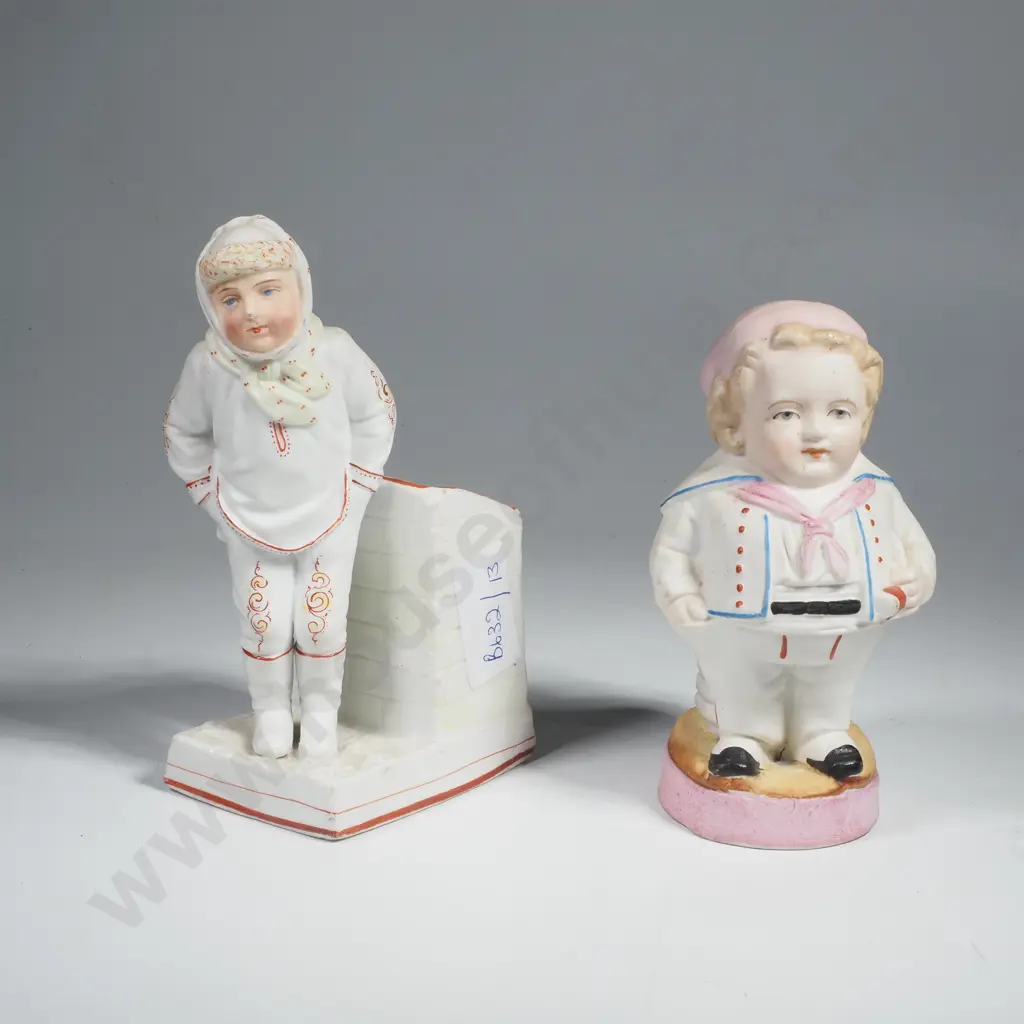 German Porcelain Bisque Vesta Box in the form of a Small Child & Another Vesta in the Form of a SChild in Winter Gear Image 1++
