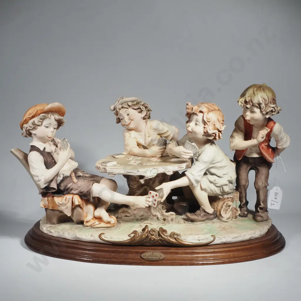 Vintage Giuseppe Armani Capodimonte Sculpture Titled 'The Cheaters' w Four Children Playing Cards Image 1++