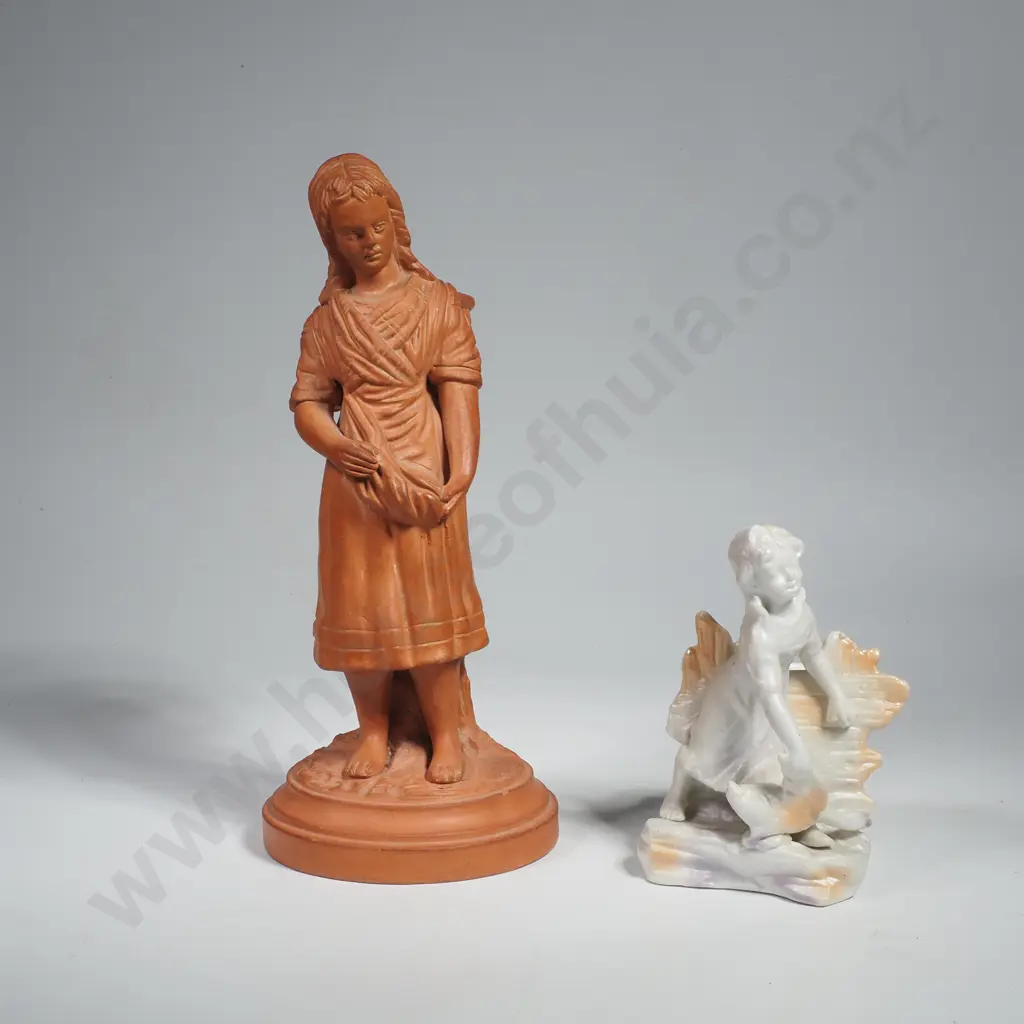 Terracotta Spill /Match Holder in the Form of a Young Peasant Girl w Basket on Back, Impressed JH 69 Image 1++