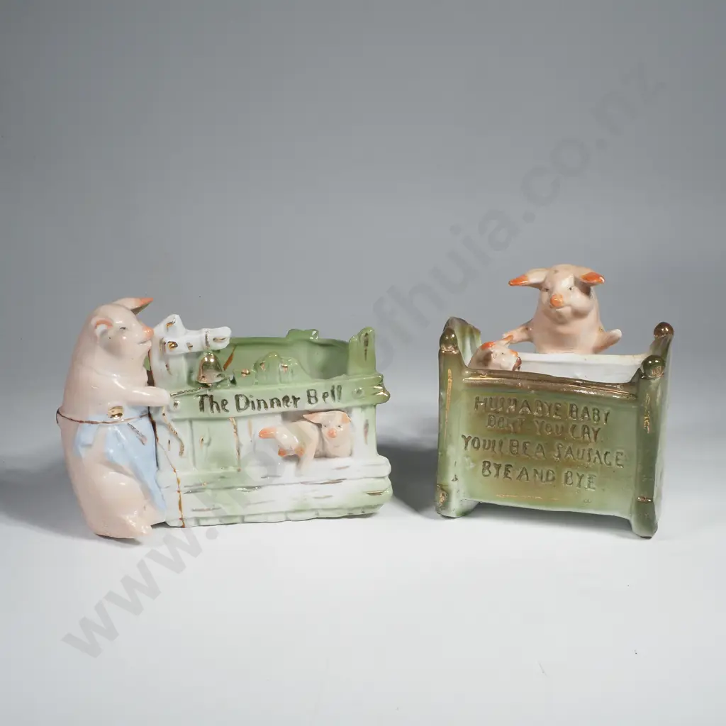German Fairing/ Vesta Strker in the Form of a Mother Pig & Piglet in Cradle Marked 'Hush a Bye Baby Don't You Cry Image 1++
