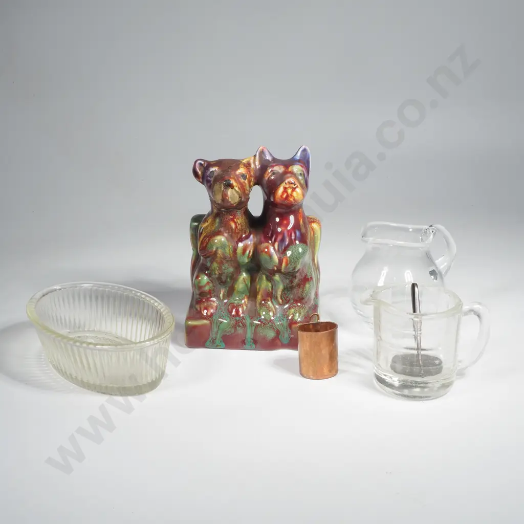 Two Small Glass Jug, An Oval Glass Small Dish,  A Glove Hook & A Majolica Figure Of Two Dogs (Damaged)   Image 1++